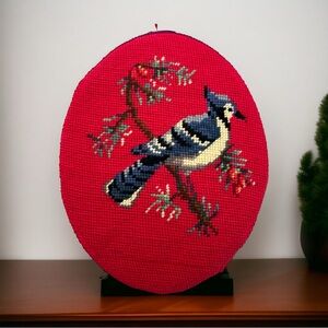 Vintage needlepoint hand embroidered bird on branch